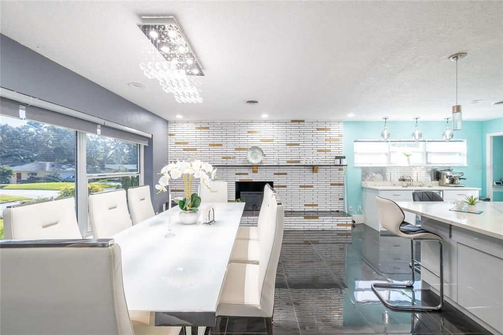 Dining room, Fireplace, Interior, Kitchen, Pendant Lights, Recessed Lighting, Stone Walls