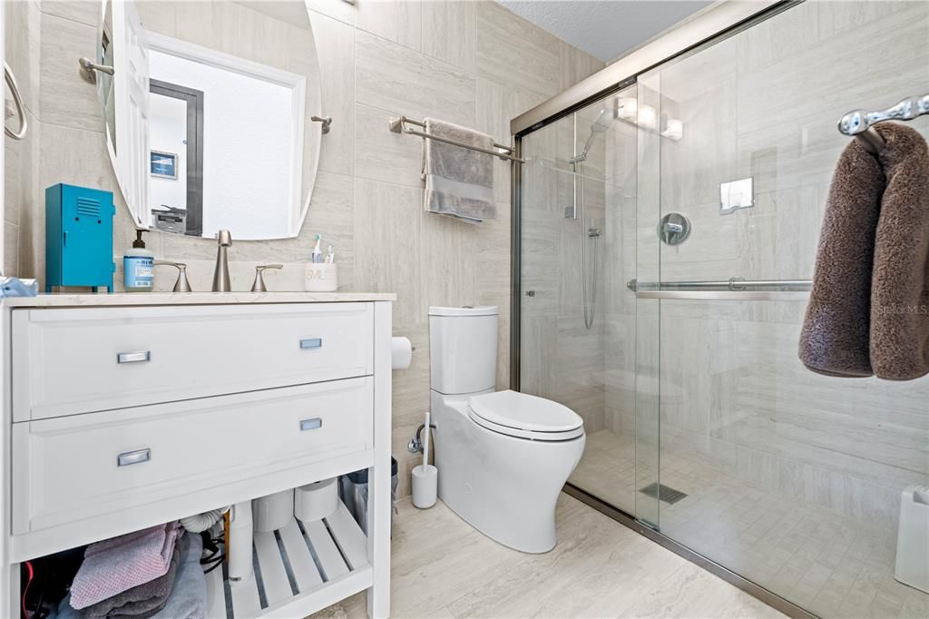 Bathroom, Glass Shower, Interior, Wood Texture Flooring