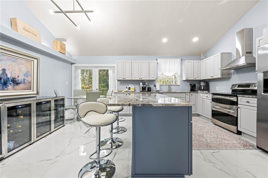 Dining room, Interior, Kitchen, Marble, Pendant Lights, Recessed Lighting, Stainless Steel Appliances