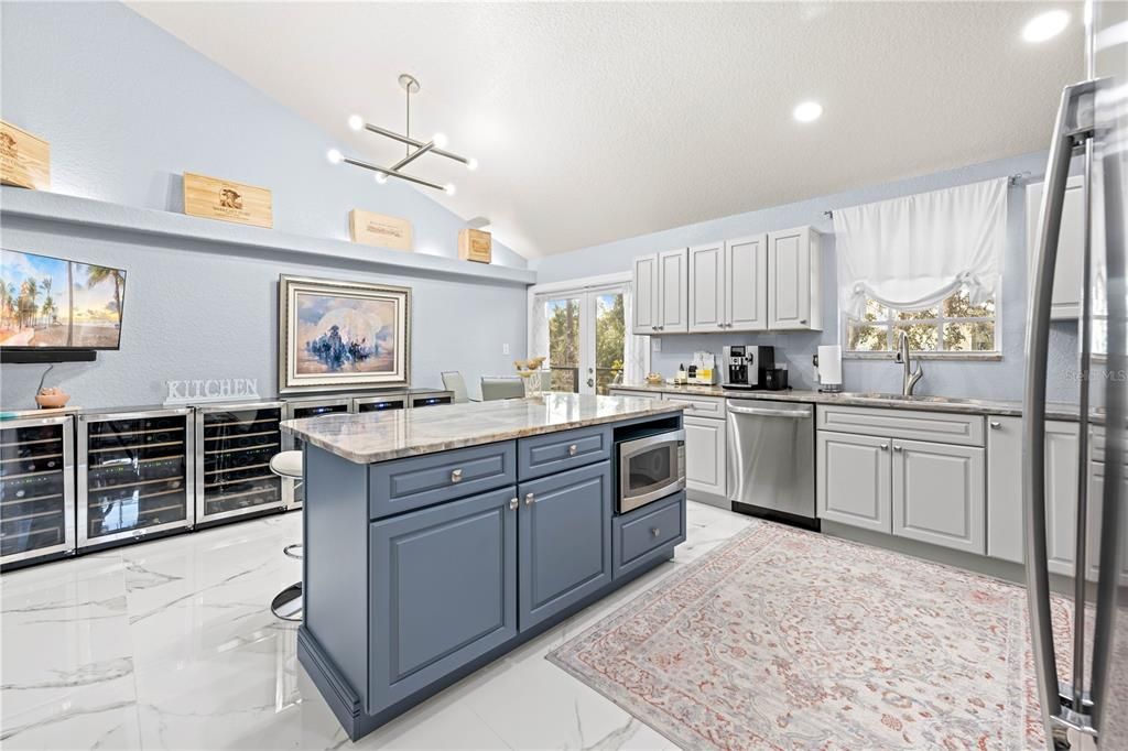 Interior, Kitchen, Marble, Pendant Lights, Recessed Lighting, Stainless Steel Appliances