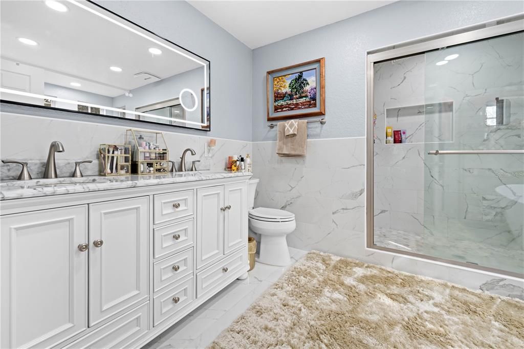 Bathroom, Glass Shower, Interior, Marble, Marble Walls, Recessed Lighting