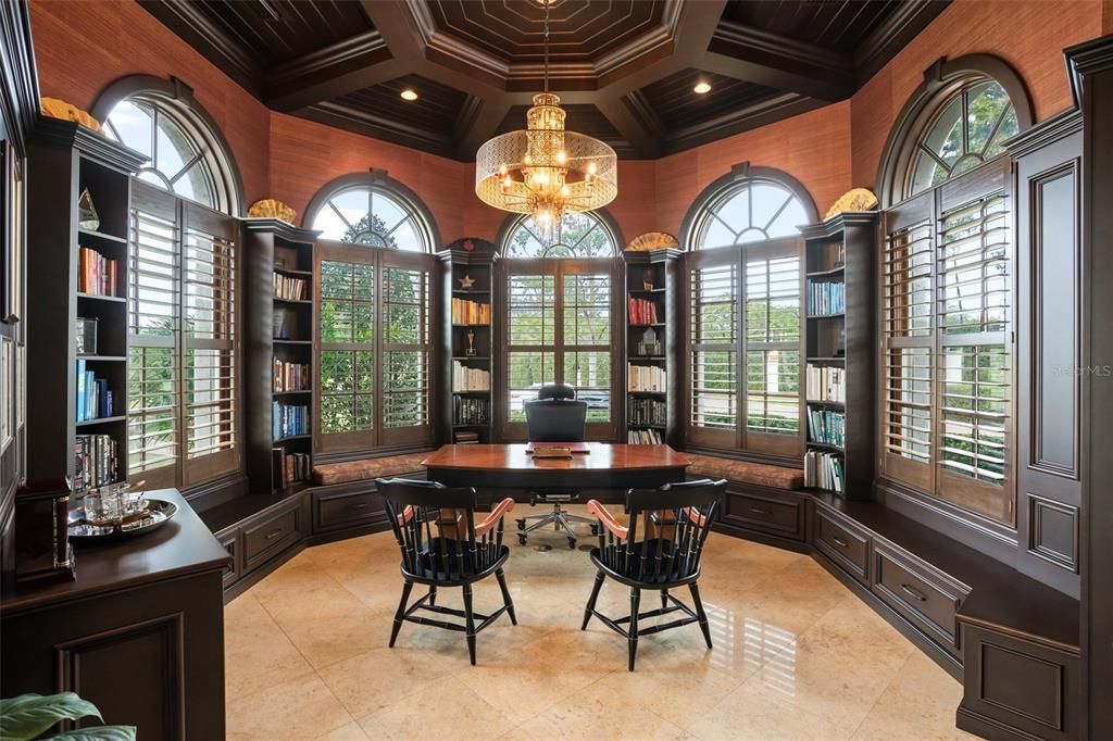 Home Office, Interior, Pendant Lights, Recessed Lighting, Wooden Ceilings
