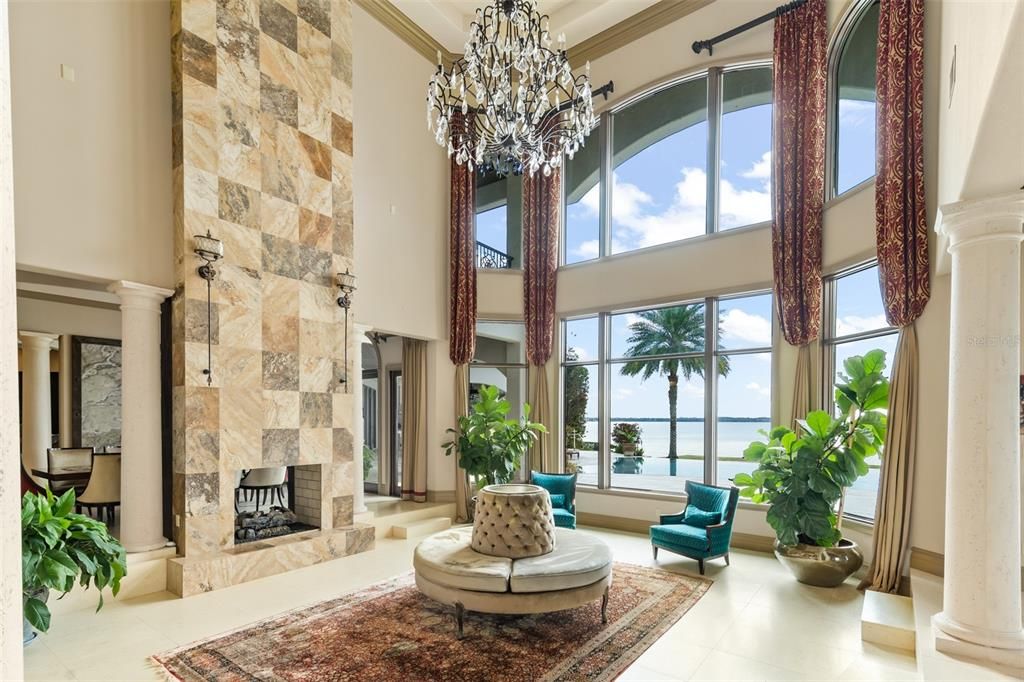 Chandelier, Fireplace, Interior, Sun Room, Water