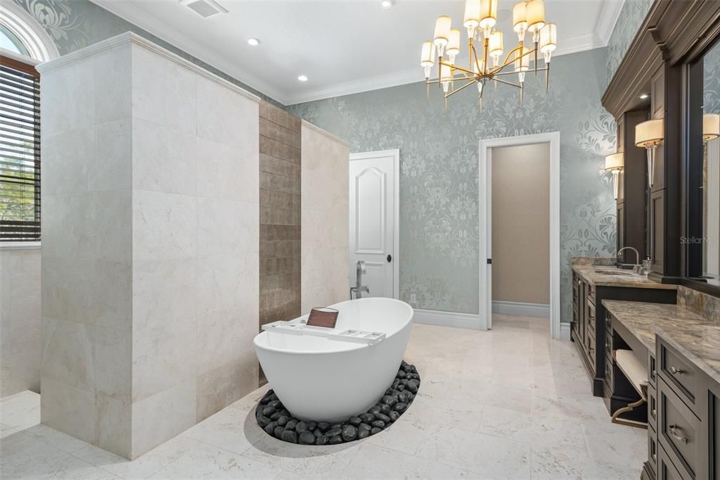Bathroom, Chandelier, Free Standing Baths, Interior, Recessed Lighting