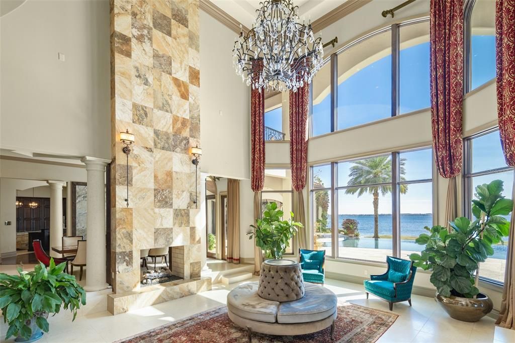 Chandelier, Fireplace, Interior, Stone Walls, Water