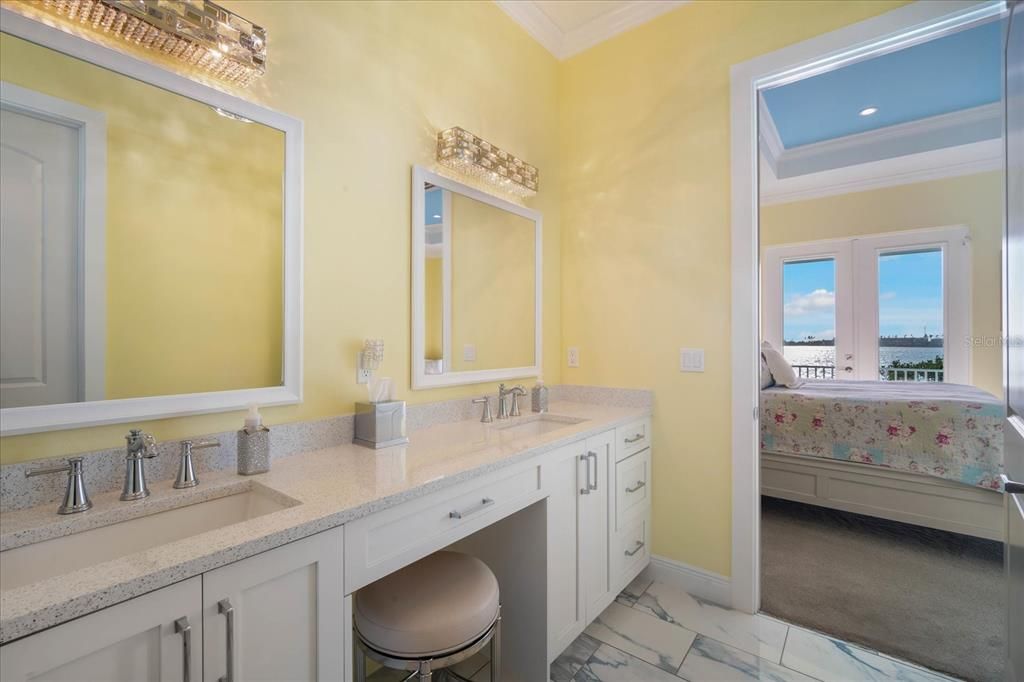Bathroom, Bedroom, Dual Sink Vanities, Interior, Marble, Recessed Lighting, Water