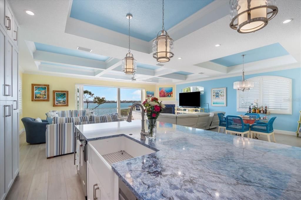 Dining room, Interior, Kitchen, Living room, Pendant Lights, Recessed Lighting, Water, Wood Texture Flooring