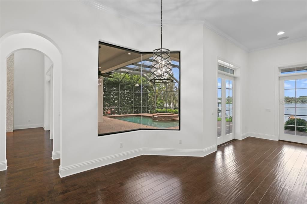 Empty room, Glass Ceilings, Interior, Pendant Lights, Recessed Lighting, Wood Texture Flooring