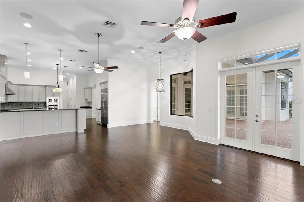 Empty room, Interior, Kitchen, Pendant Lights, Recessed Lighting, Wood Texture Flooring