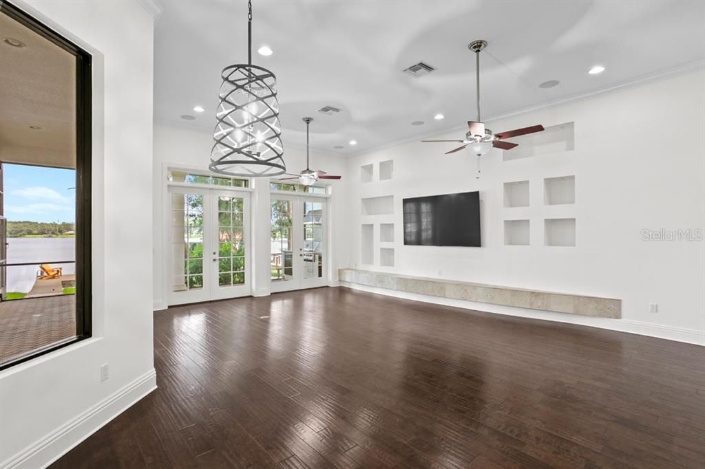 Empty room, Interior, Pendant Lights, Recessed Lighting, Water, Wood Texture Flooring