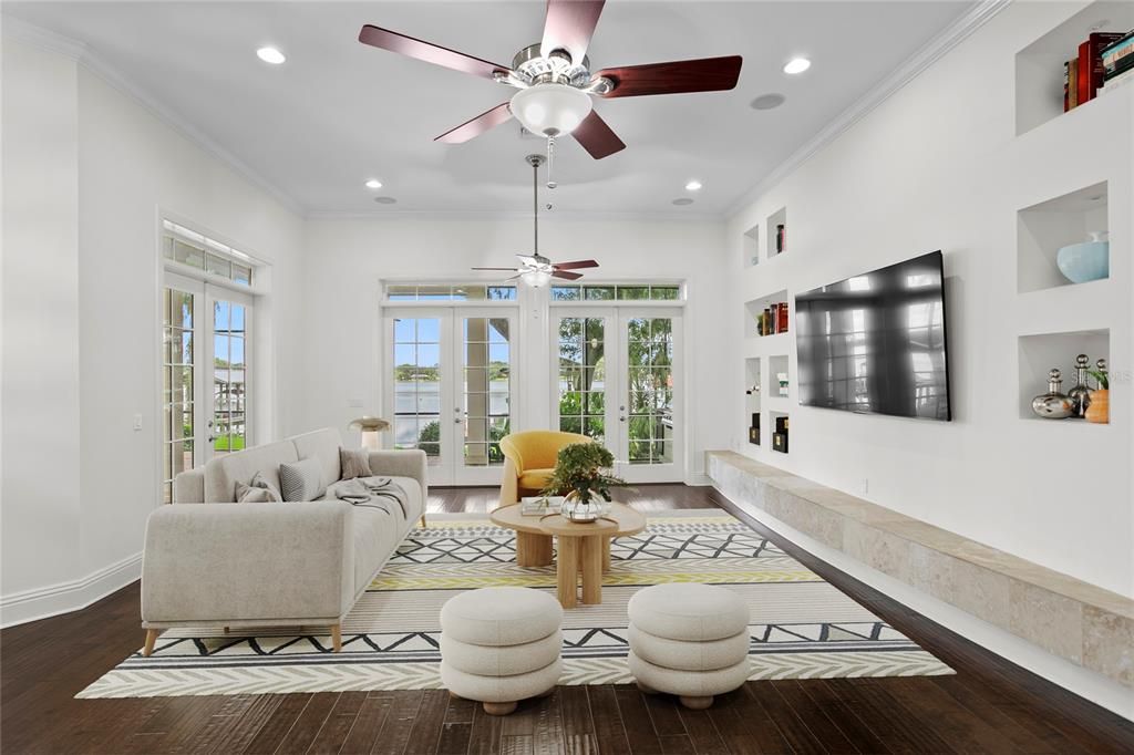 Interior, Living room, Recessed Lighting, Wood Texture Flooring