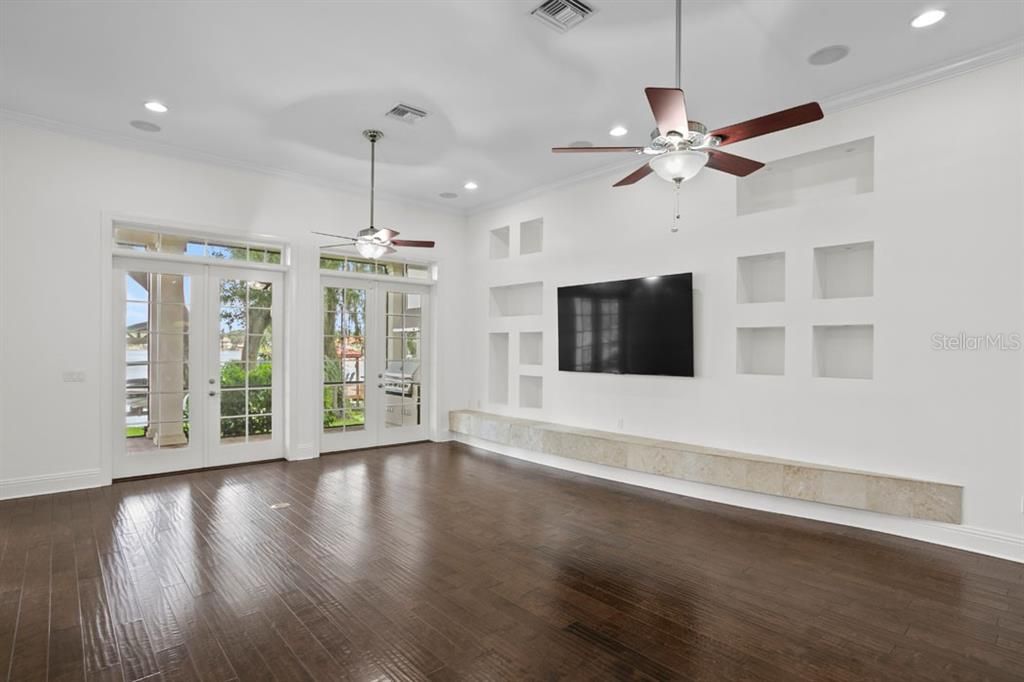 Empty room, Fireplace, Interior, Recessed Lighting, Wood Texture Flooring