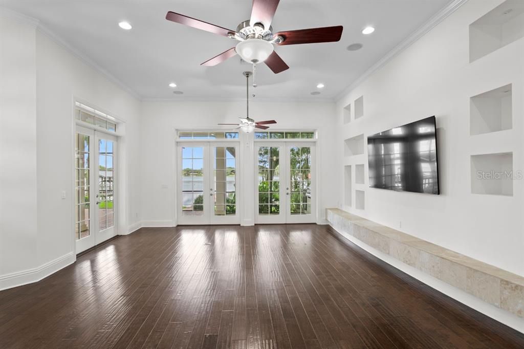 Empty room, Fireplace, Interior, Recessed Lighting, Wood Texture Flooring