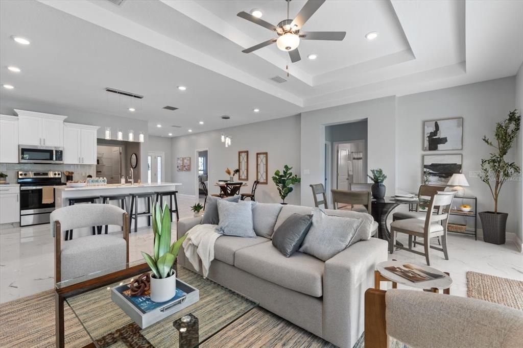 Dining room, Interior, Kitchen, Living room, Marble, Pendant Lights, Recessed Lighting, Stainless Steel Appliances