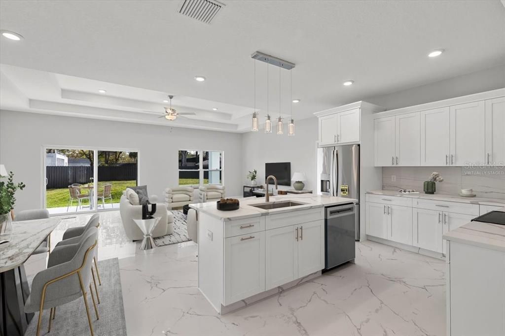 Interior, Kitchen, Living room, Marble, Pendant Lights, Recessed Lighting, Stainless Steel Appliances