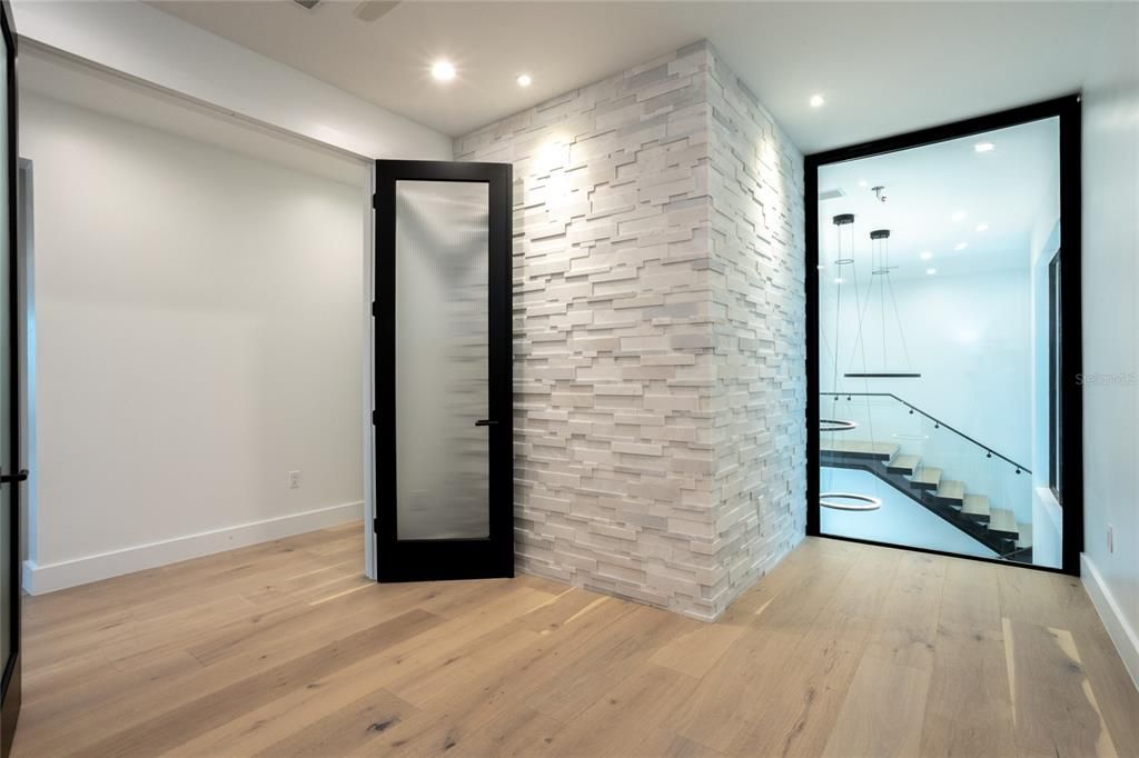 Empty room, Interior, Pendant Lights, Recessed Lighting, Stone Walls, Wood Texture Flooring
