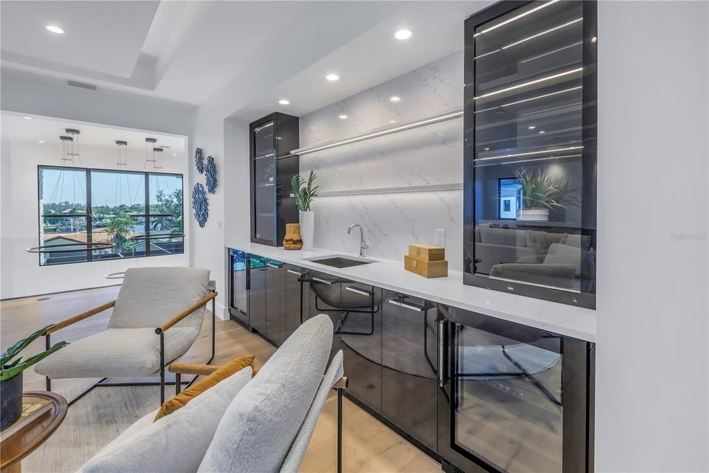 Home Office, Interior, Marble Walls, Recessed Lighting, Wood Texture Flooring