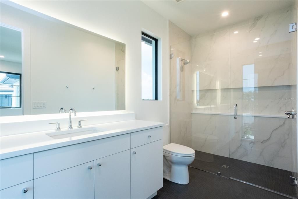 Bathroom, Glass Shower, Interior, Marble Walls, Recessed Lighting