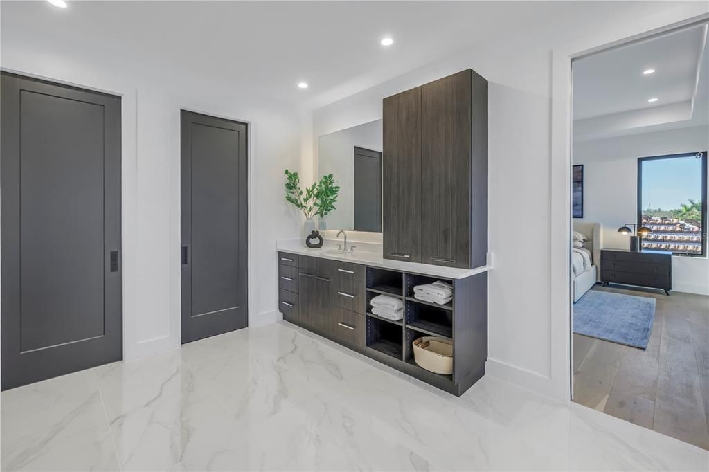 Bathroom, Bedroom, Dual Sink Vanities, Interior, Marble, Recessed Lighting