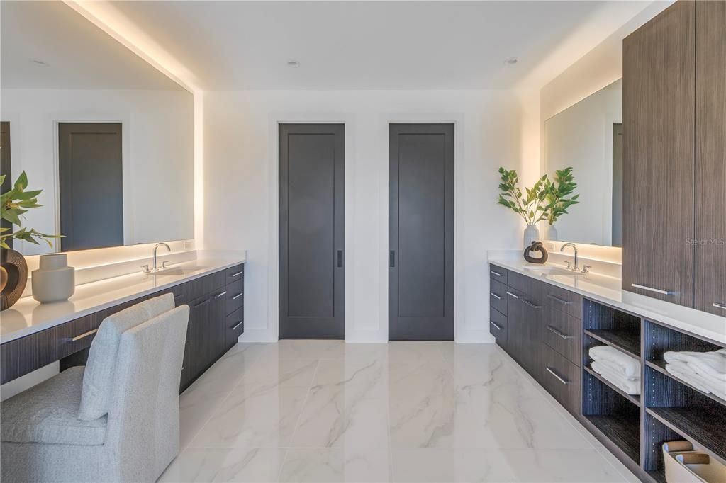 Bathroom, Dual Sink Vanities, Interior, Marble, Recessed Lighting
