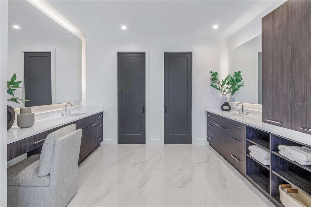 Bathroom, Dual Sink Vanities, Interior, Marble, Recessed Lighting