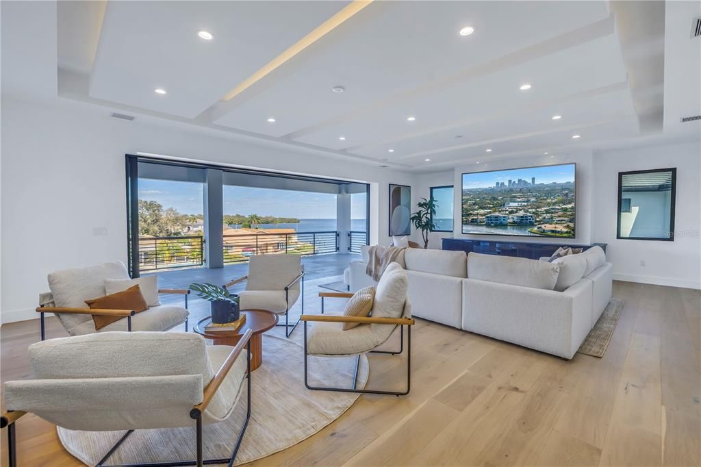 Interior, Living room, Recessed Lighting, Water, Wood Texture Flooring