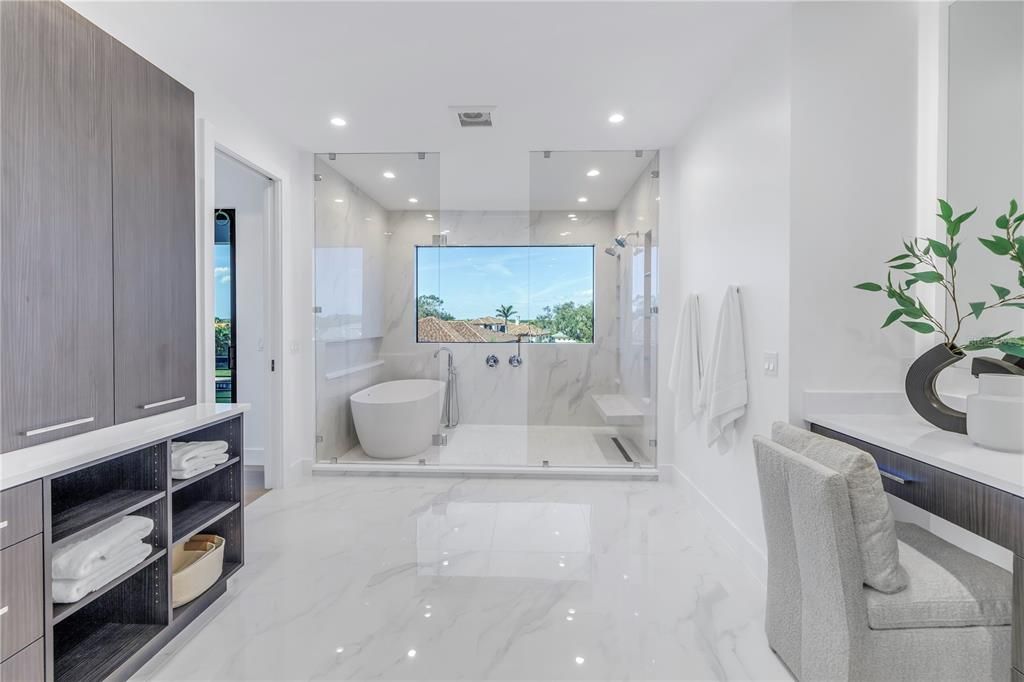 Bathroom, Free Standing Baths, Interior, Marble, Marble Walls, Recessed Lighting