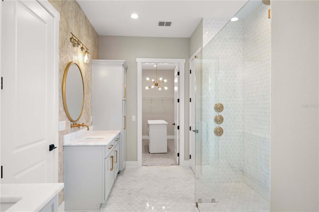 Bathroom, Dual Sink Vanities, Glass Shower, Interior, Pendant Lights, Recessed Lighting