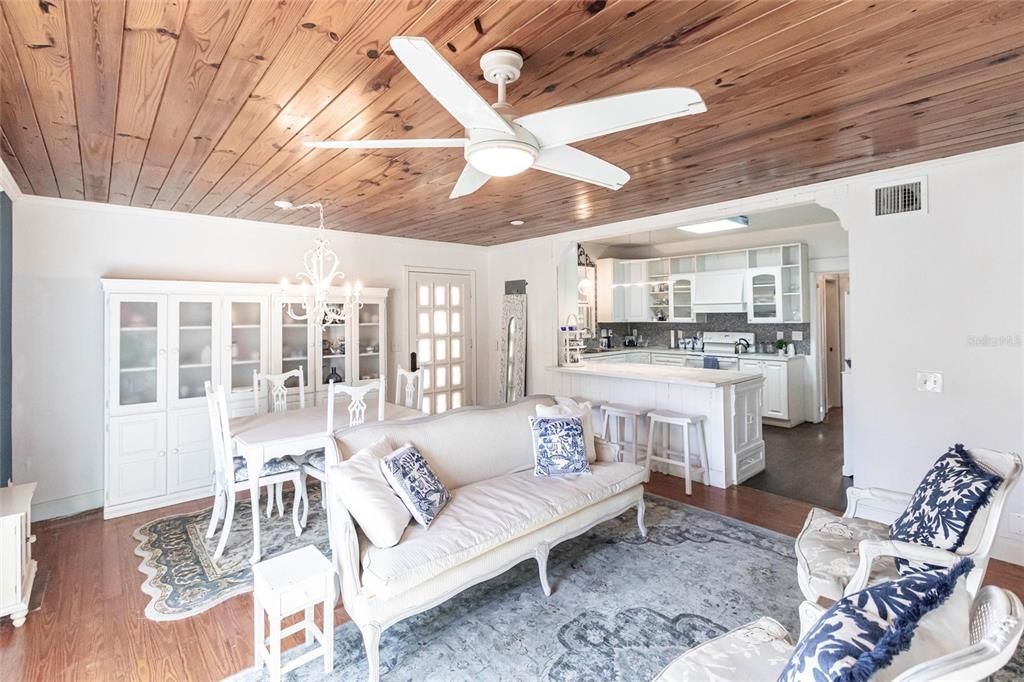 Chandelier, Dining room, Interior, Kitchen, Living room, Wooden Ceilings, Wood Texture Flooring