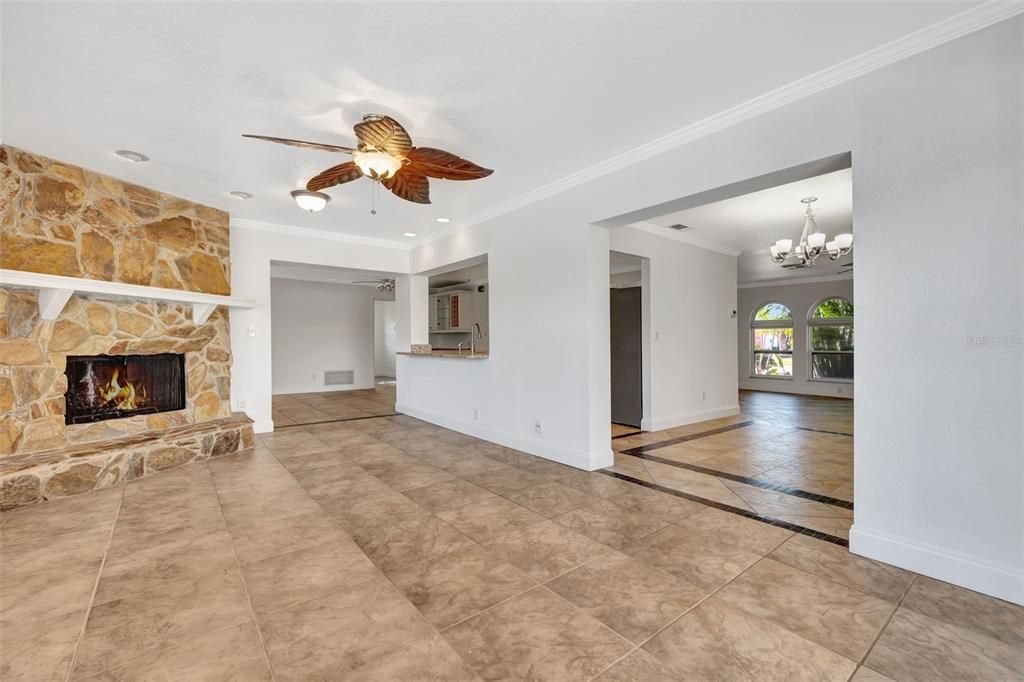 Chandelier, Empty room, Fireplace, Interior, Recessed Lighting