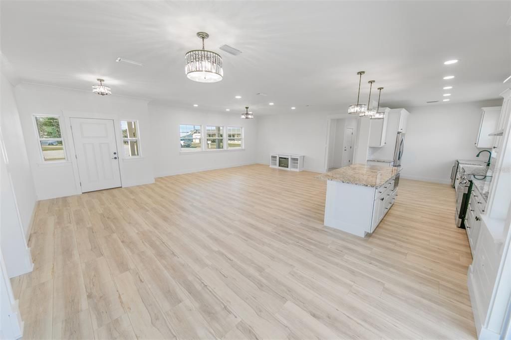Chandelier, Empty room, Interior, Kitchen, Pendant Lights, Recessed Lighting, Wood Texture Flooring