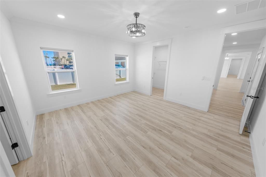 Chandelier, Empty room, Interior, Recessed Lighting, Wood Texture Flooring