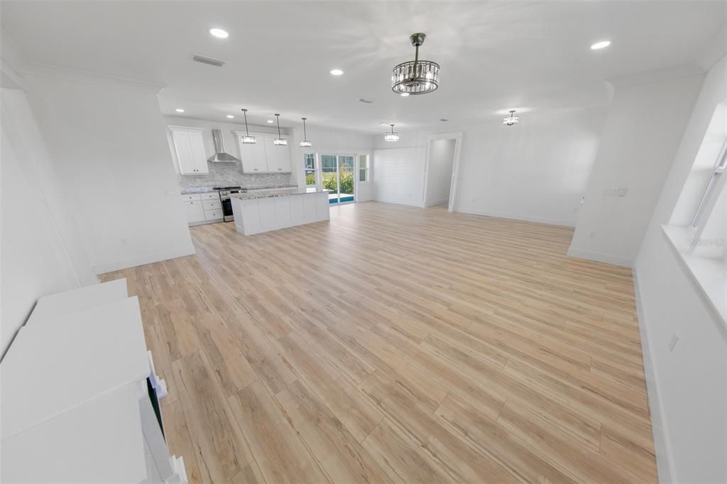 Empty room, Interior, Kitchen, Pendant Lights, Recessed Lighting, Wood Texture Flooring