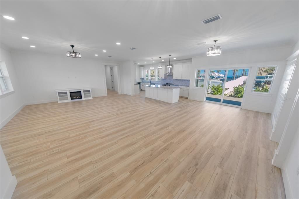 Empty room, Interior, Kitchen, Pendant Lights, Recessed Lighting, Wood Texture Flooring