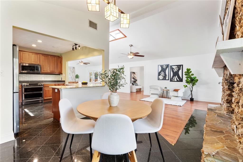 Dining room, Fireplace, Interior, Kitchen, Recessed Lighting
