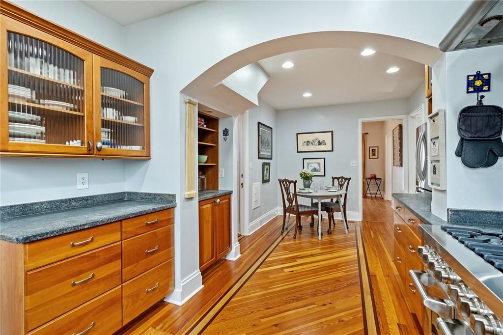 Dining room, Interior, Recessed Lighting, Wood Texture Flooring