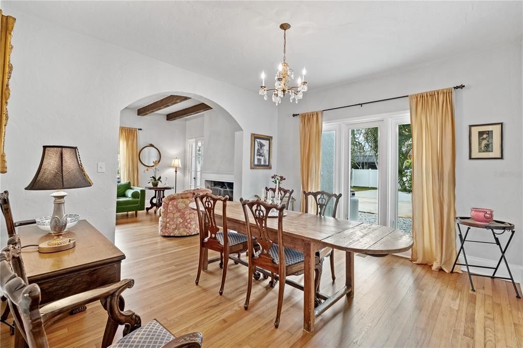 Chandelier, Dining room, Fireplace, Interior, Living room, Wooden Beams, Wood Texture Flooring
