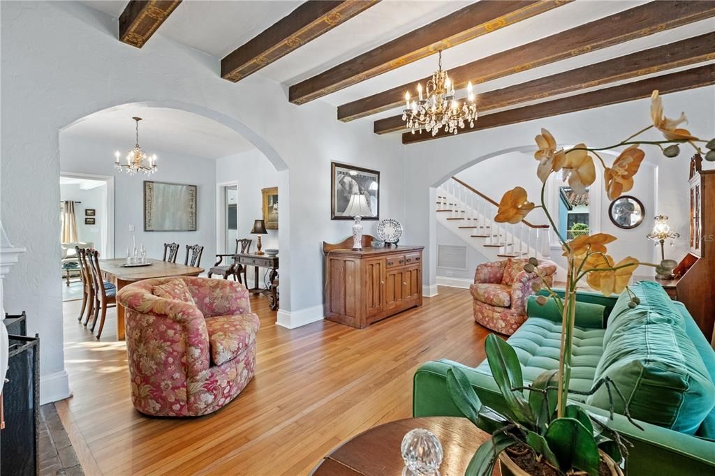 Chandelier, Dining room, Interior, Living room, Wooden Beams, Wood Texture Flooring