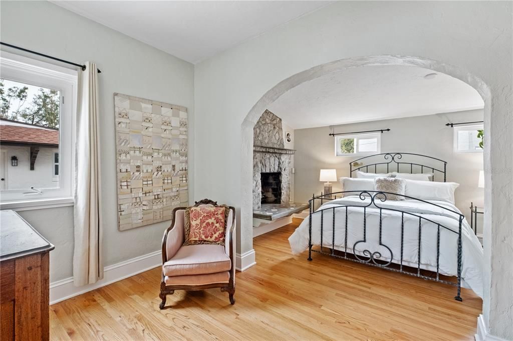 Bedroom, Fireplace, Interior, Wood Texture Flooring