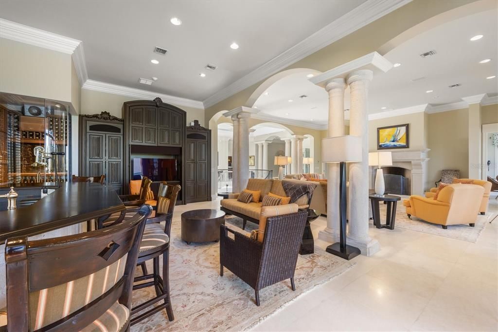 Dining room, Fireplace, Interior, Living room, Recessed Lighting