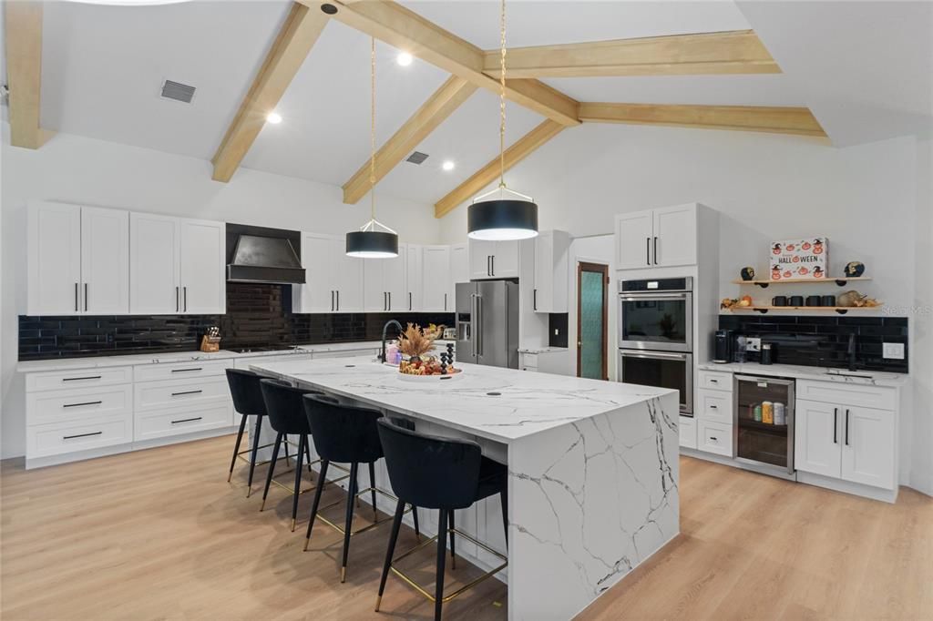 Interior, Kitchen, Pendant Lights, Recessed Lighting, Stainless Steel Appliances, Wooden Beams, Wood Texture Flooring