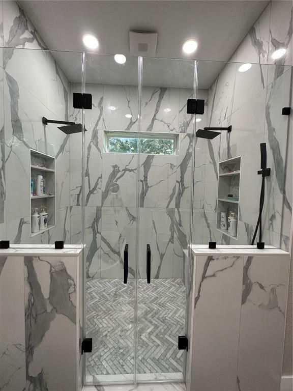 Bathroom, Glass Shower, Interior, Marble, Marble Walls, Recessed Lighting