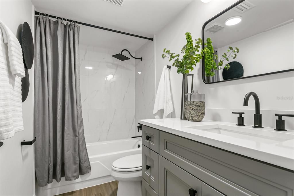 Bathroom, Interior, Marble Walls, Recessed Lighting, Wood Texture Flooring