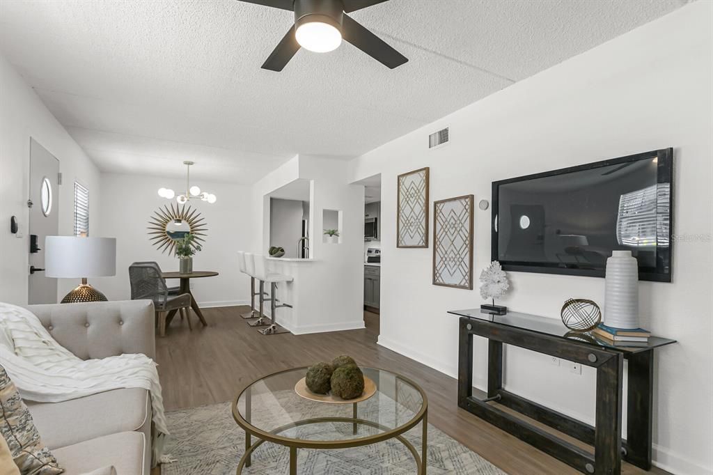 Dining room, Interior, Living room, Pendant Lights, Wood Texture Flooring