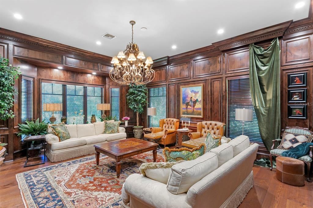 Chandelier, Interior, Living room, Recessed Lighting, Wood Texture Flooring, Wooden Walls