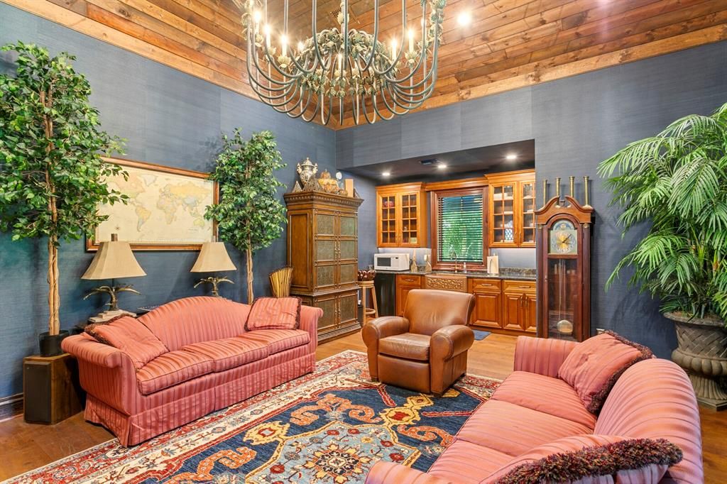 Chandelier, Interior, Living room, Recessed Lighting, Wooden Ceilings, Wood Texture Flooring, Wooden Walls