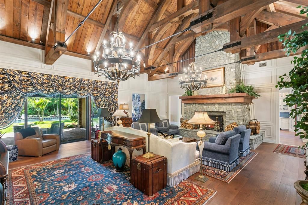 Chandelier, Fireplace, Interior, Living room, Wooden Beams, Wooden Ceilings, Wood Texture Flooring