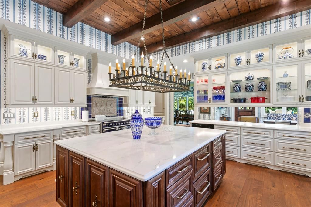 Chandelier, Interior, Kitchen, Recessed Lighting, Wooden Beams, Wooden Ceilings, Wood Texture Flooring