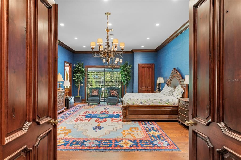 Bedroom, Chandelier, Interior, Recessed Lighting, Wood Texture Flooring
