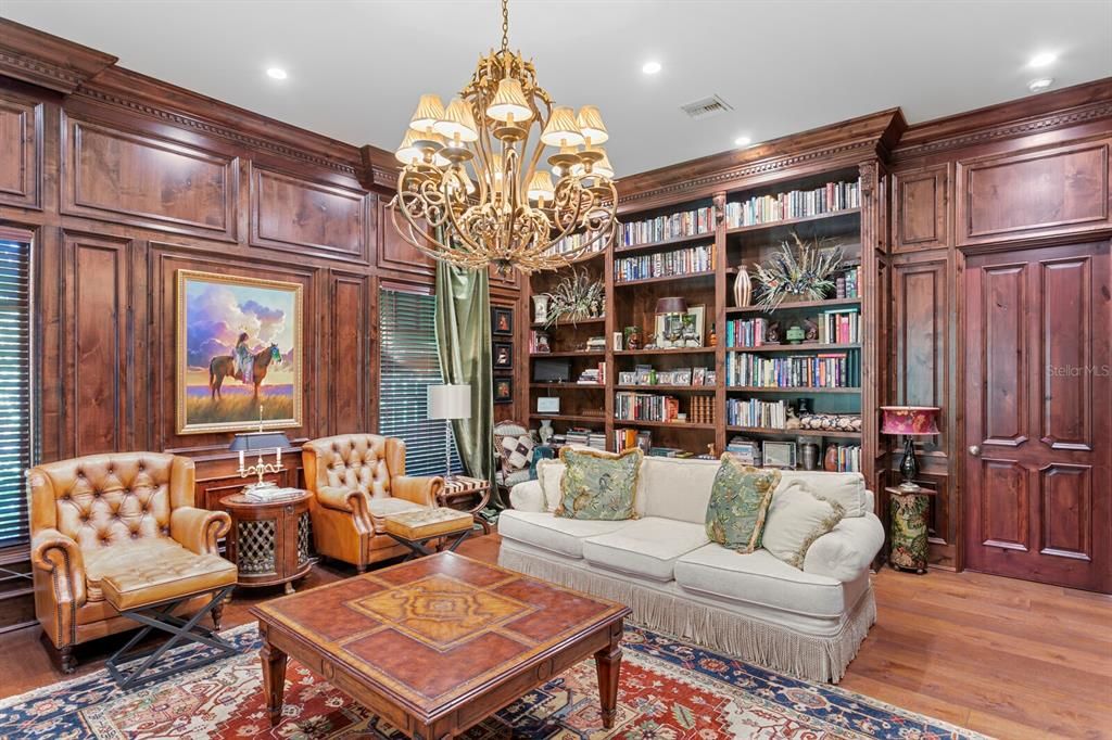 Chandelier, Interior, Living room, Recessed Lighting, Wood Texture Flooring, Wooden Walls